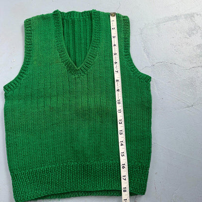 VTG Green Vest Knitted Sleeveless Sweater Pullover Handmade Knit 70s 1970s