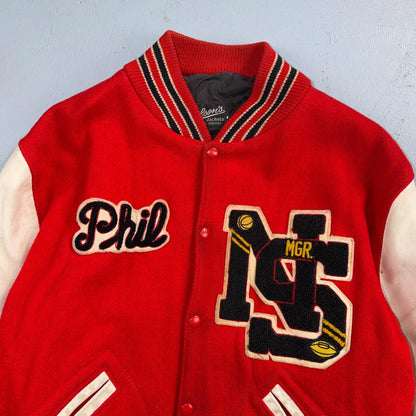 VTG 70s Nelson Varsity Jacket Letterman USA Made Leather Collegiate 44 Red Phil