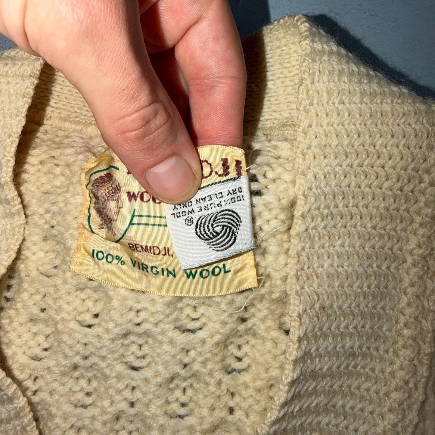 Bemidji VTG Woolen Mills Cream Cable Knit Cardigan Sweater Fisherman Boho 1970s