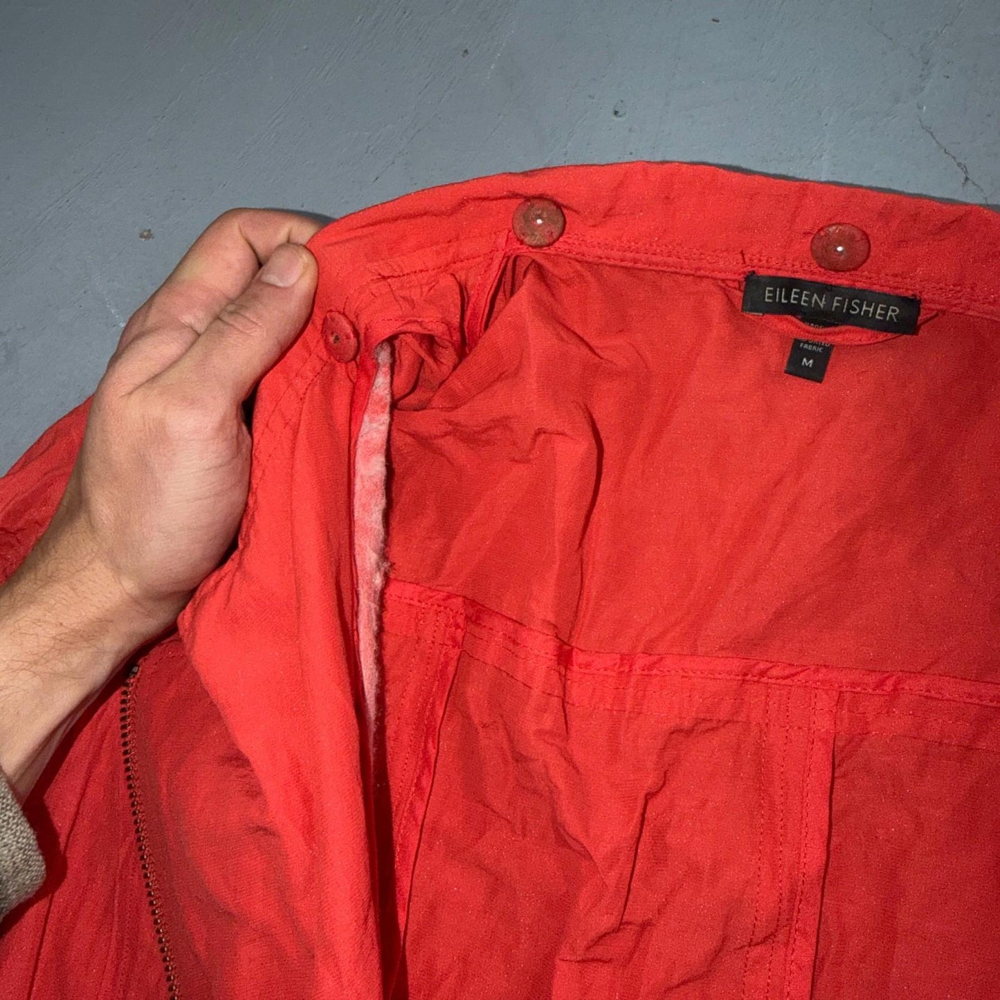Eileen Fisher Cotton Coral Crinkle Asymmetrical Mock Neck Jacket Size Medium