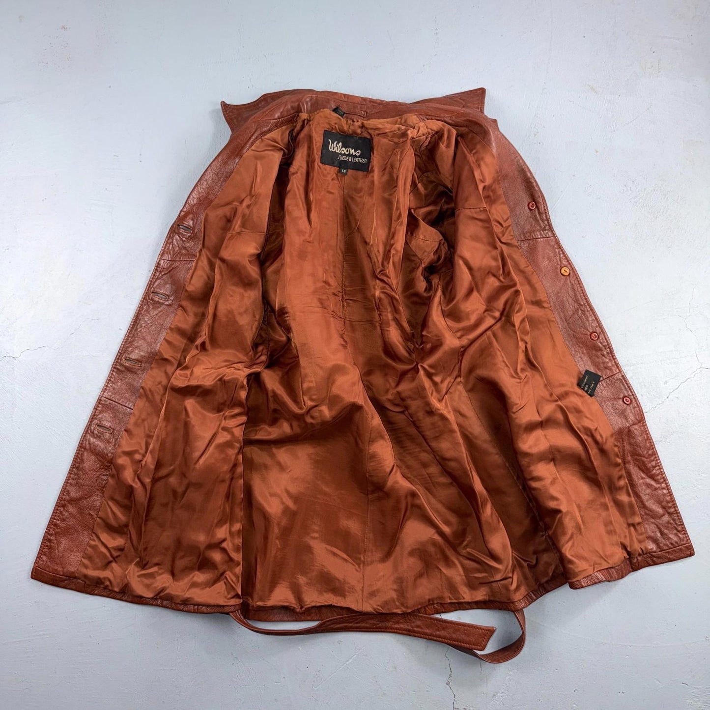 VTG Wilsons Women's Brown 100% Leather Jacket Trench Car Coat Belted 80s 90s
