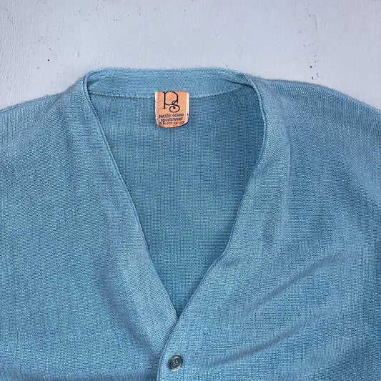 VTG Rare Pacific Scene Cardigan Sweater Solid Light Blue 80s RARE Ocean