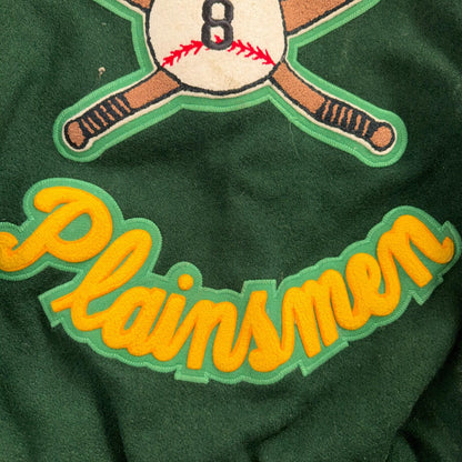 Varsity Jacket 44 VTG Green Bomber Wool Leather Evergreen Plainsmen Chainstitch