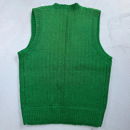 VTG Green Vest Knitted Sleeveless Sweater Pullover Handmade Knit 70s 1970s