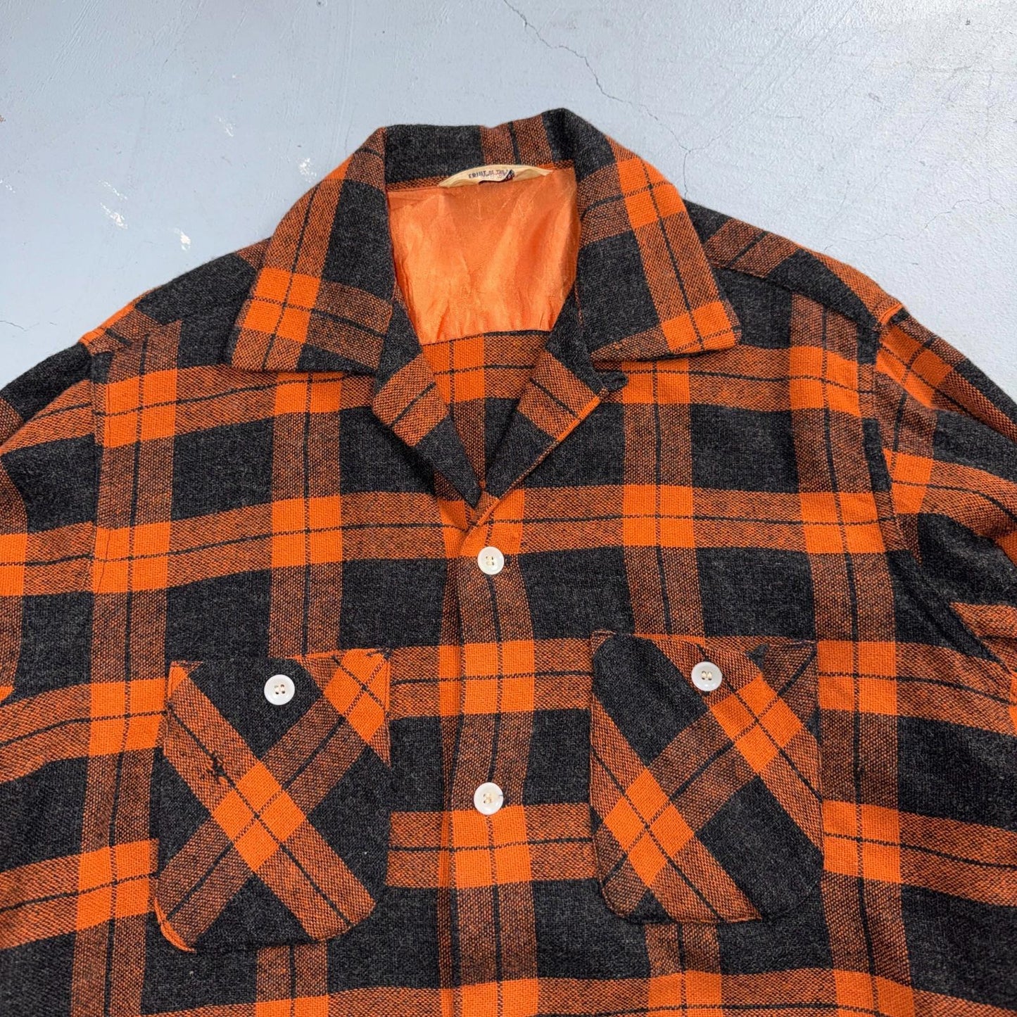 VTG 50s Fruit of Loom Shirt Orange Plaid Wool Button Loop Collar Rockabilly 1950