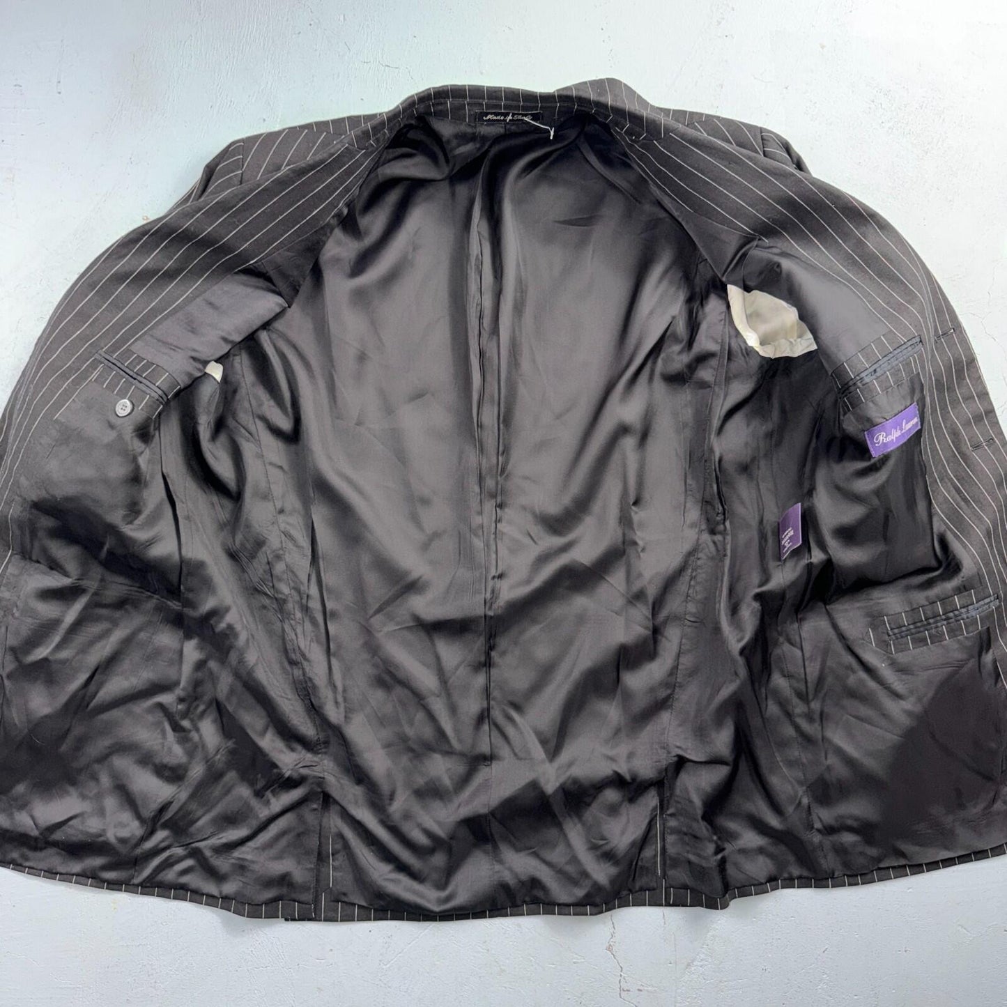 Ralph Lauren Purple Label Black Linen Suit Jacket Mens 44R Pinstripe $3,995 VTG