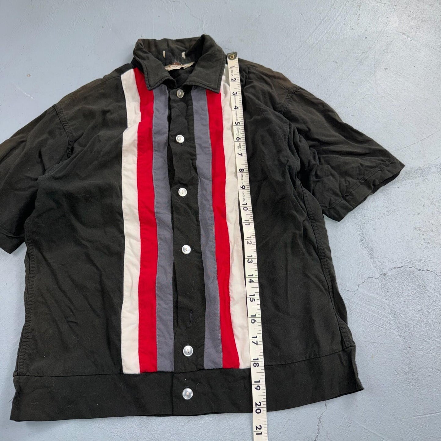 Vintage 50s 60s Striped Rayon Bowling Shirt Size S Red Rockabilly Crop Look