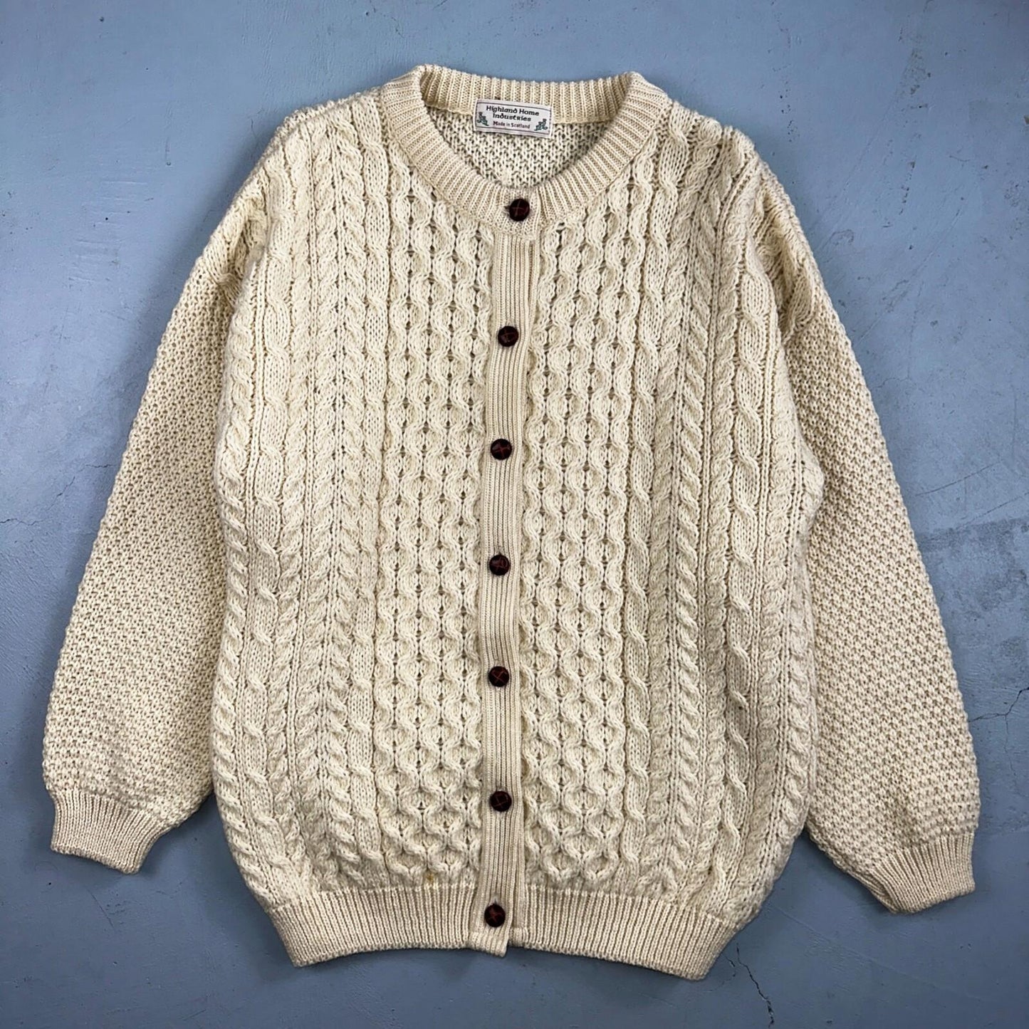 Highland Home Industries Cardigan Sweater VTG 70s Large Cable Knit Scotland Wool