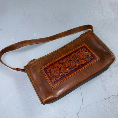 VTG Leather Bag Clutch Western Hand Tooled Leather Purse Saddle Brown Wallet