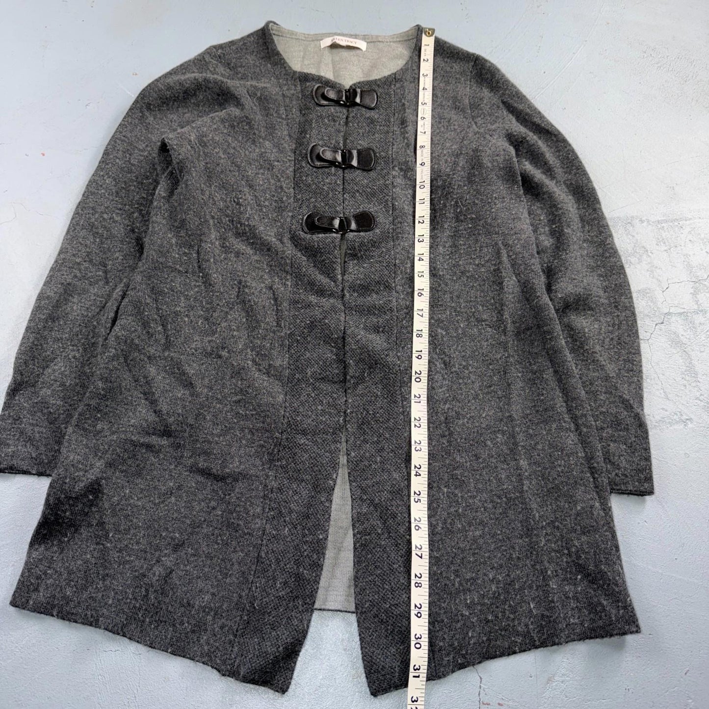 ELLEN TRACY Sweater M Wool Cardigan Duster Coat Buckle Latch Double Knit Gray