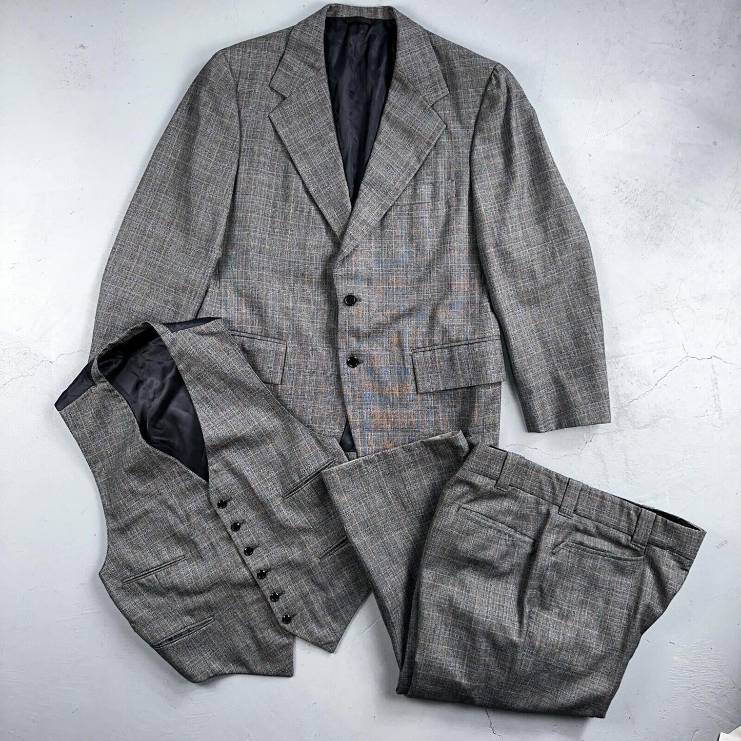VTG Mens 3 PC Suit 42 Jacket Coat Pants Vest Plaid Rockabilly 70s 1970s Brown