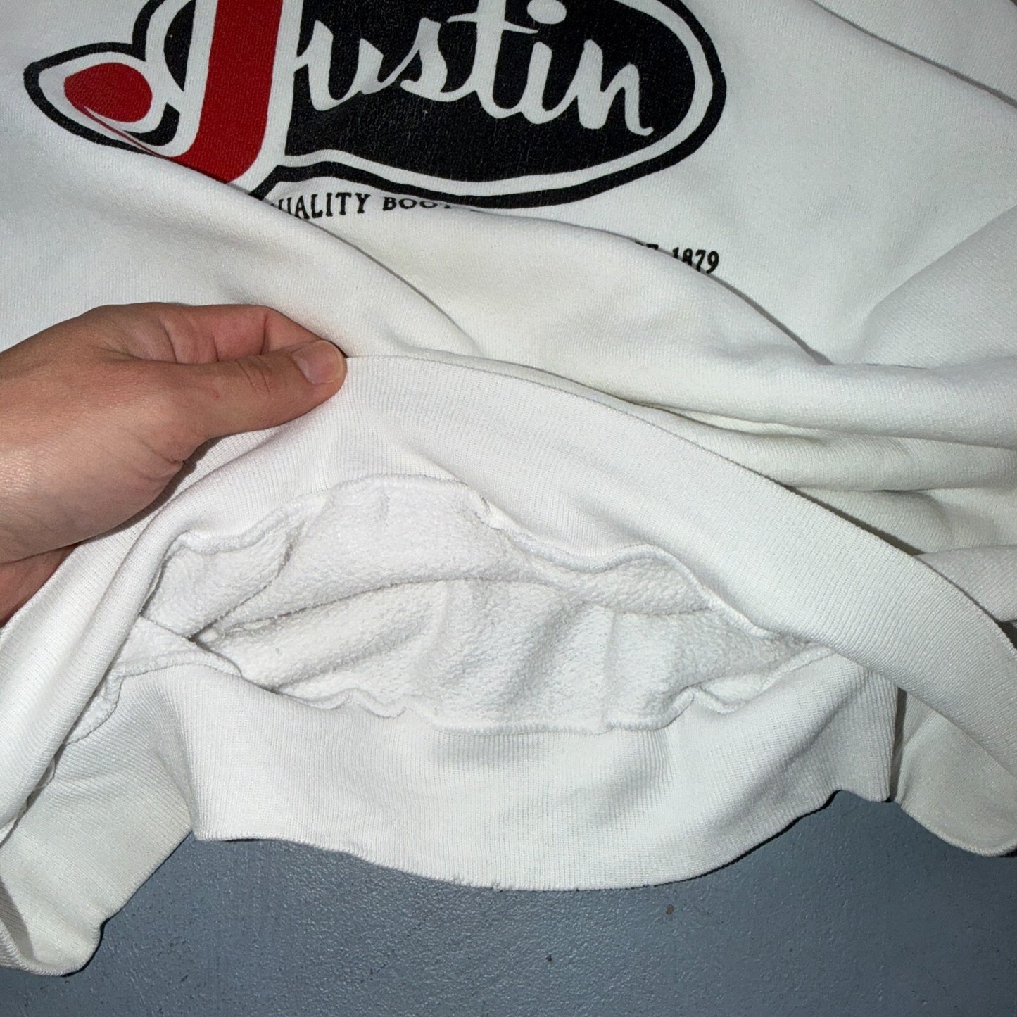 VTG Justin Boots Logo Promo Sweatshirt White Western Cowboy USA XL 1980s 80s