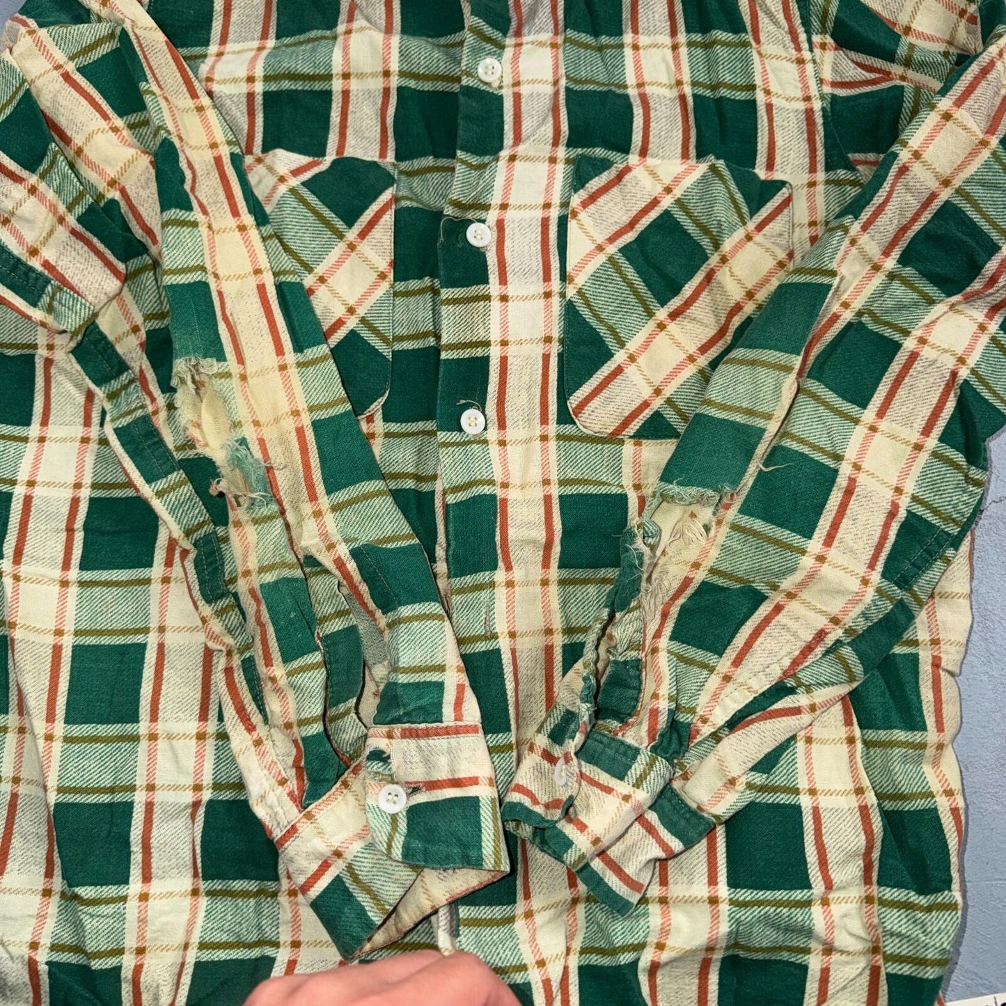 VTG 60s Penneys Towncraft Button Green Cotton Shirt Plaid Rockabilly Distressed