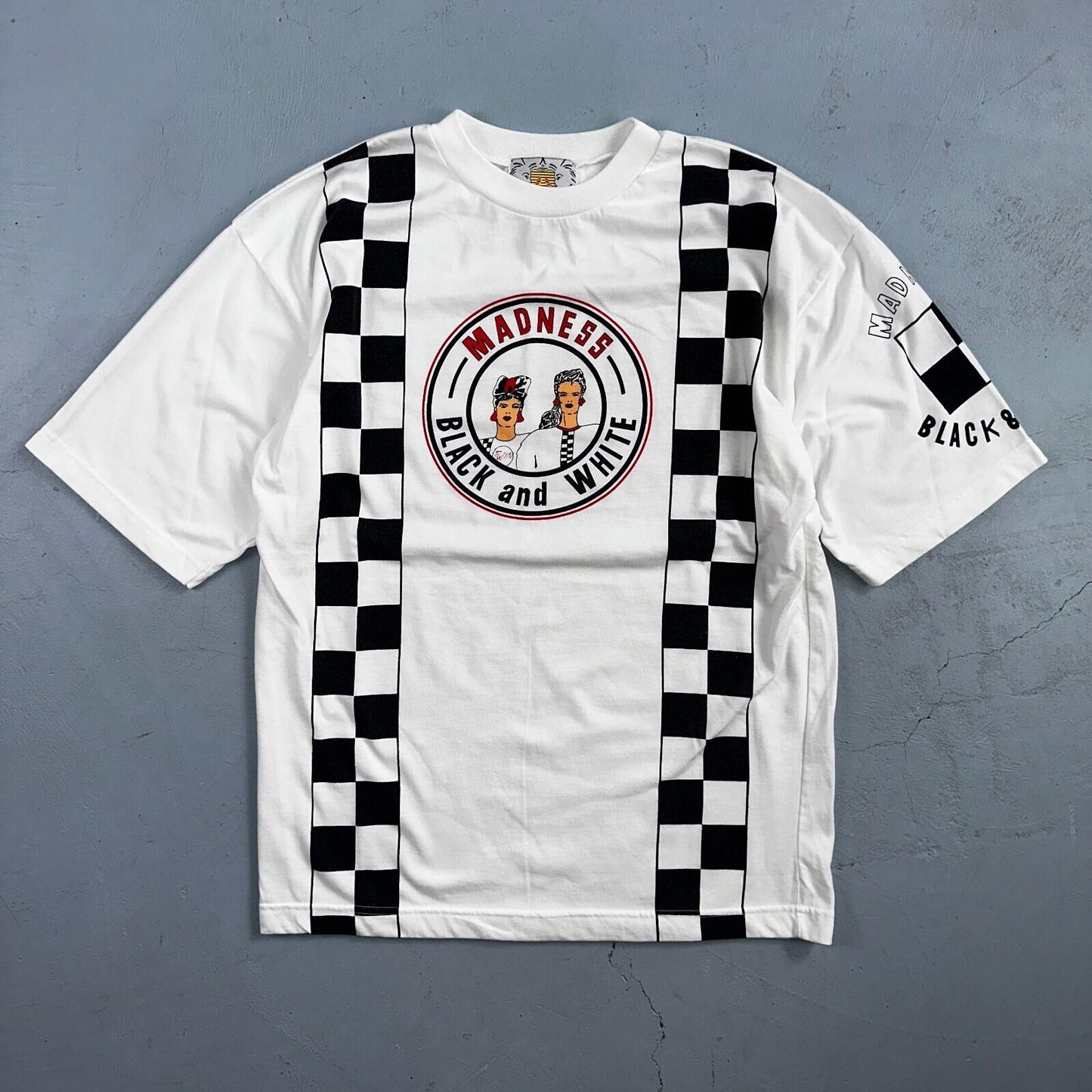 Madness Hot Girls VTG T Shirt Twin Medium 90s Black White Checkerboard Drama Art