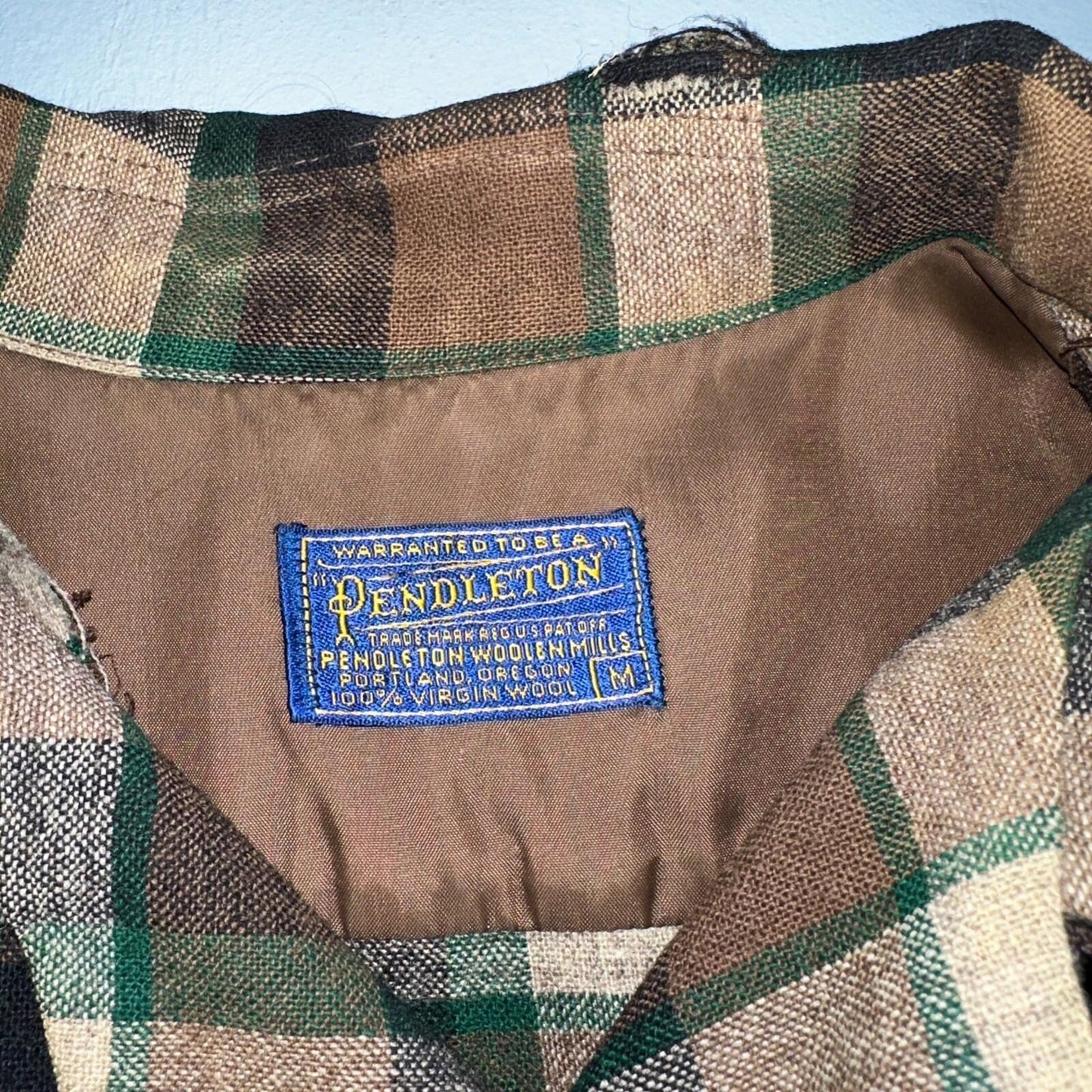 Pendleton 1950s Loop Collar Board Shirt Wool Plaid Flannel Shirt Brown Green VTG