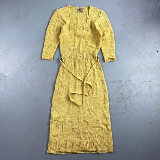 Vintage 50s Snyderknit Yellow Knit Dress Hand Loomed Boho Cottagecore Hawaiian