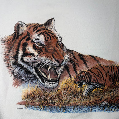 VTG 90s Wildlife Safari Tiger Sweatshirt White Tultex Made USA XL Big Cats AOP