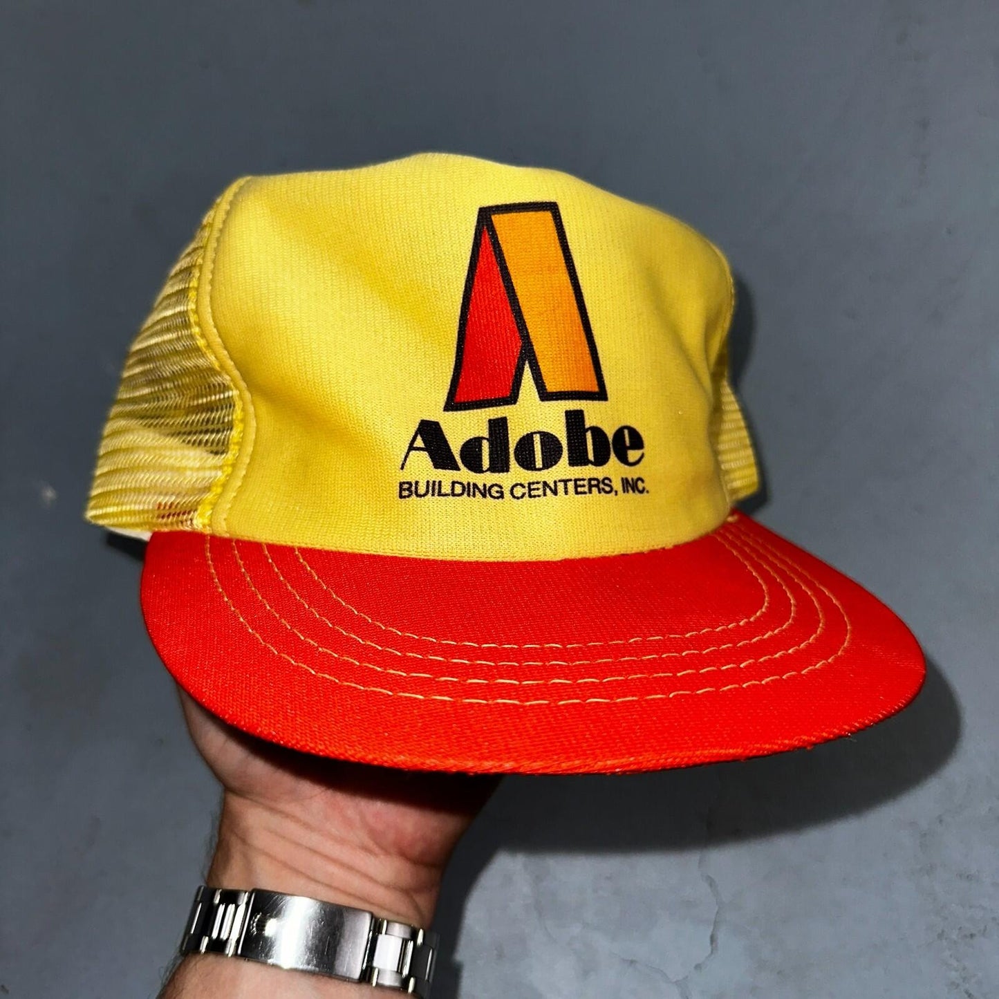 Vintage Adobe Building Centers Hat Yellow Red Mesh Snapback Trucker Cap 70s 80s