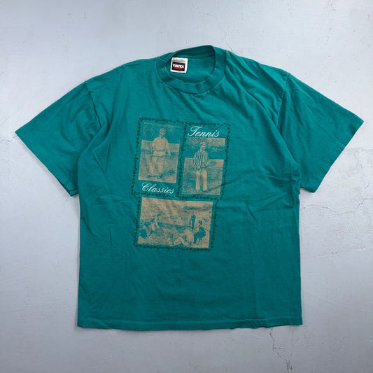 Antique Tennis Sports 90s VTG T Shirt Tultex USA Racquet Stamps Graphic Tee