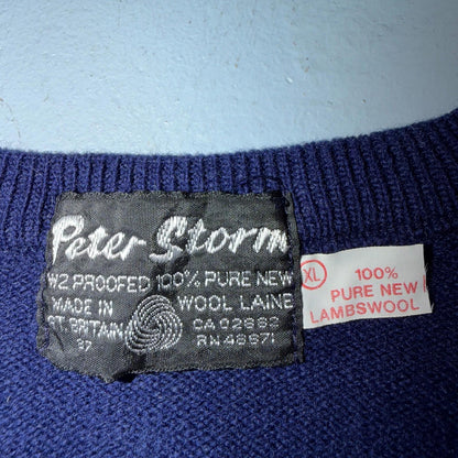 Vintage 70s Peter Storm Sweater Mens XL Navy Blue V Neck Pure Wool Knit
