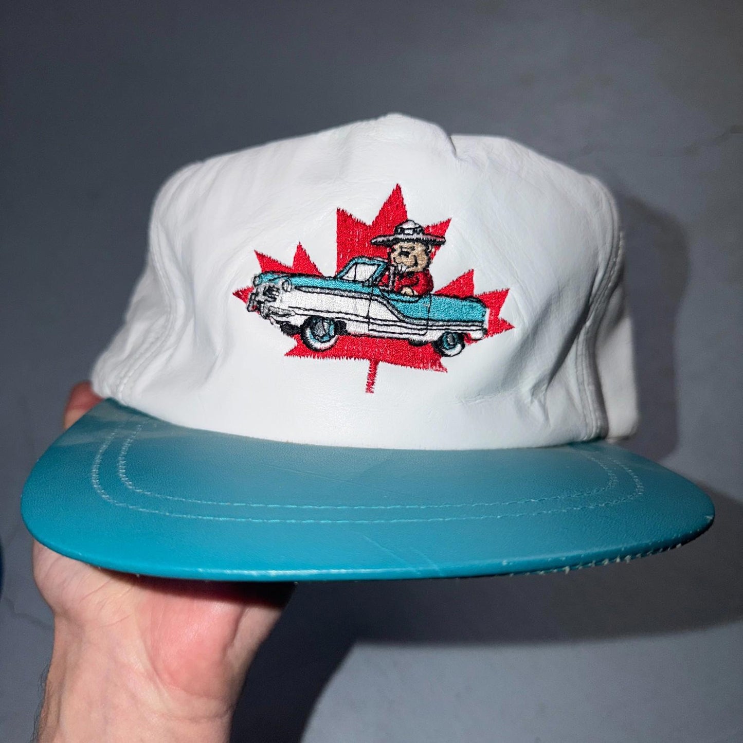 Canada Leather VTG Hat Baseball Cap Snapback Buck Cadillac Flag Rare Cartoon 80s