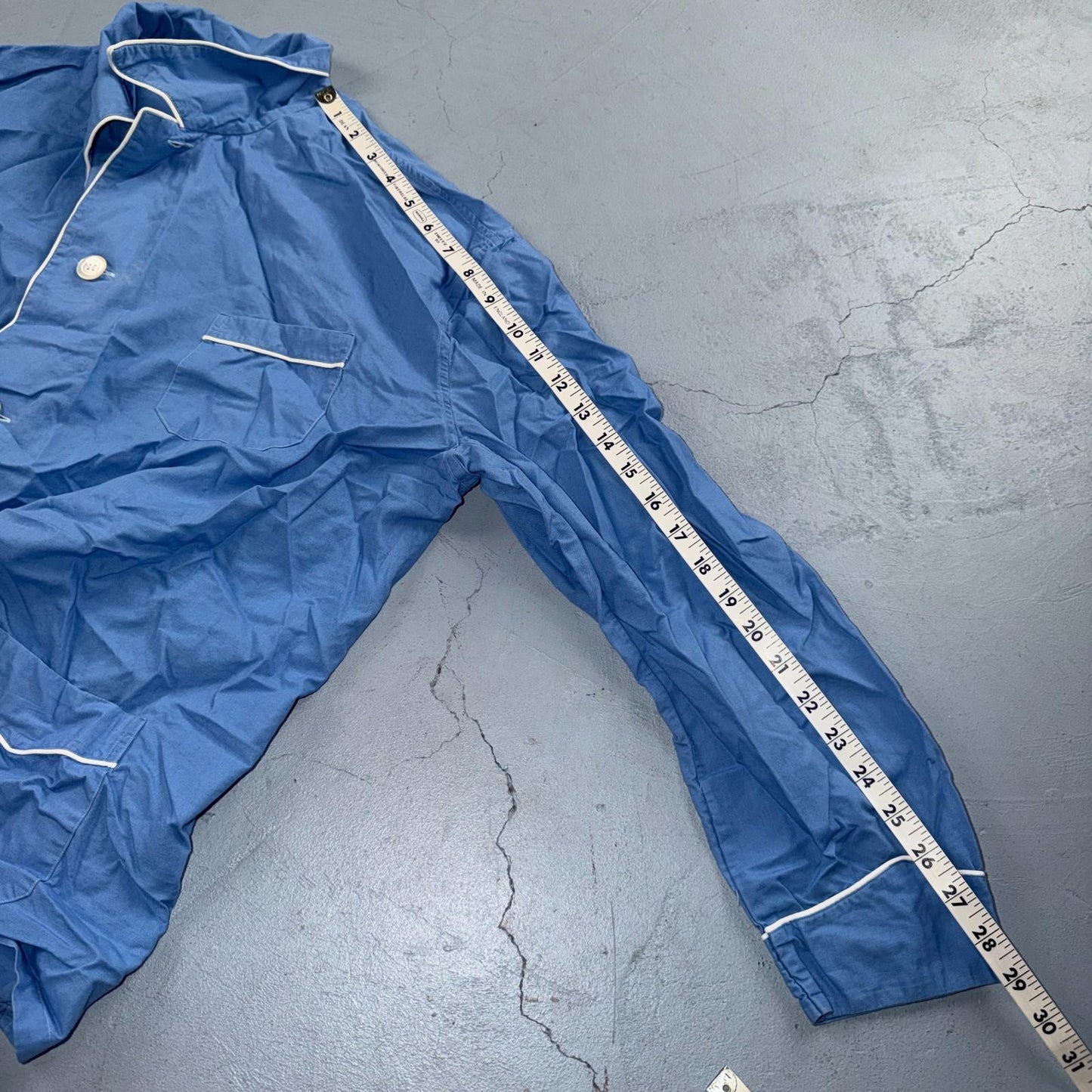 Vintage 50s 60s Blue Sanforized Sleepwear Pajamas Pair Pants Top Cotton Solid