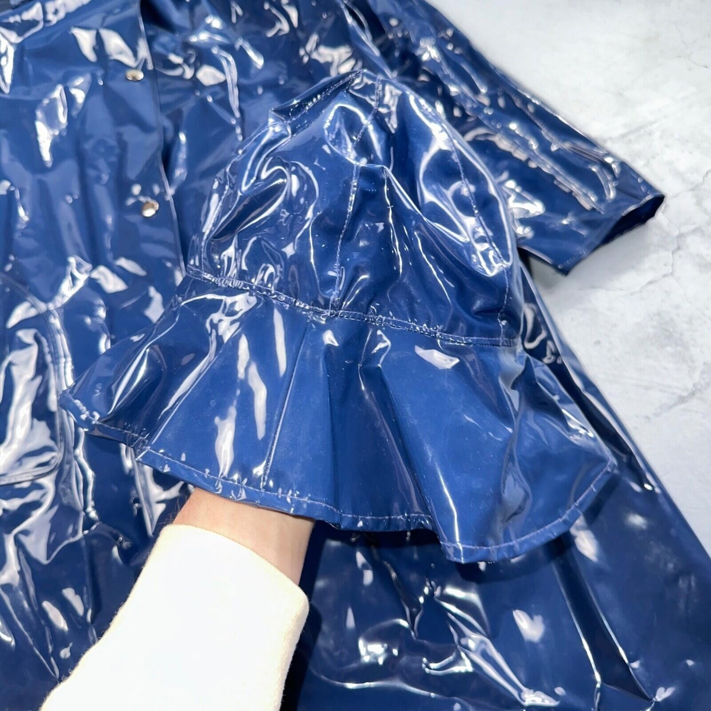 Liliput Womens Blue Trench Raincoat + Bucket Hat Polyester Rubber Vinyl 70s VTG
