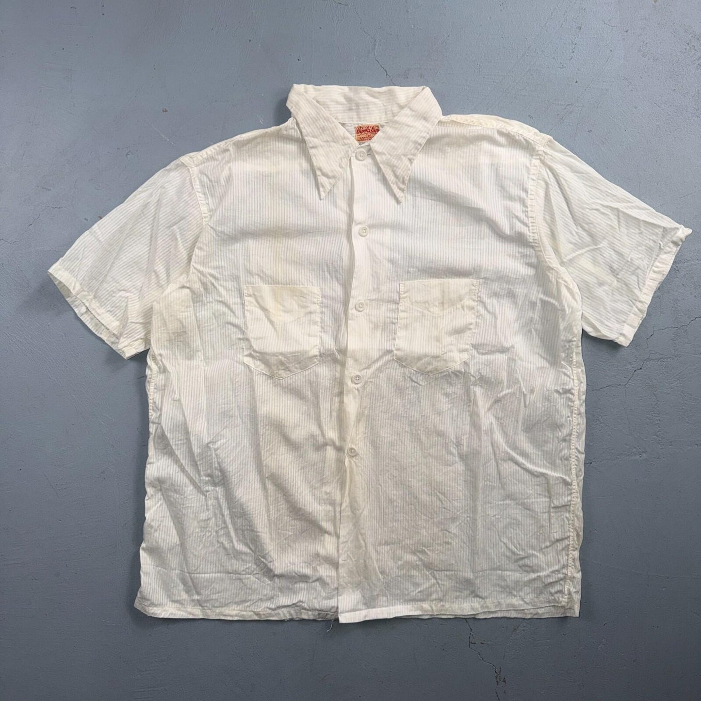 VTG 1940s Brooks Lane Button Shirt Rockabilly Stained White Striped Cotton 40s