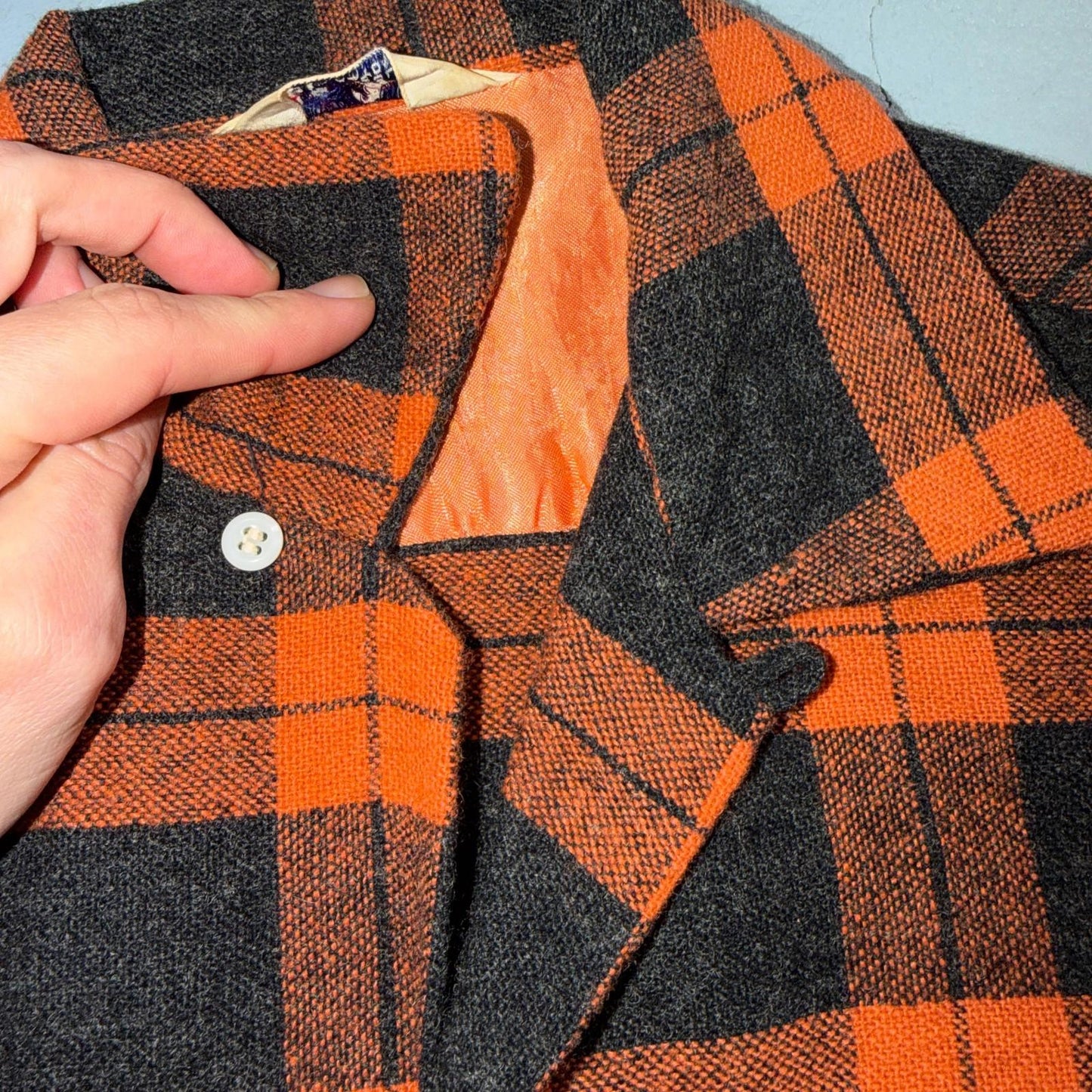 VTG 50s Fruit of Loom Shirt Orange Plaid Wool Button Loop Collar Rockabilly 1950