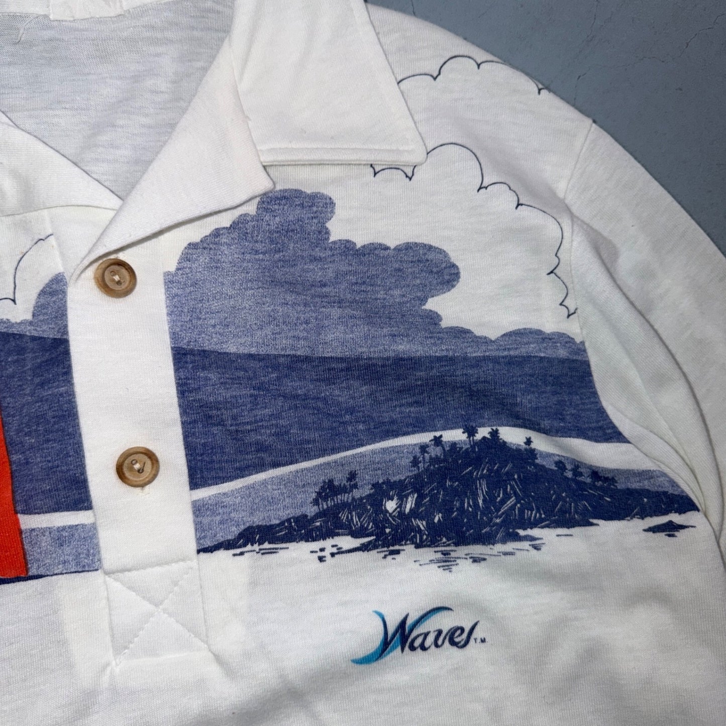 VTG 70s Wave Rainbow Landscape Long Sleeve Collared Polo Shirt Hawaii Aloha 80s