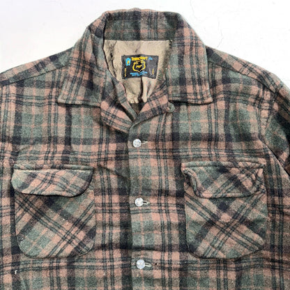 VTG 60s Penneys Shirt Brown Plaid Wool Button Loop Collar Rockabilly 1960s