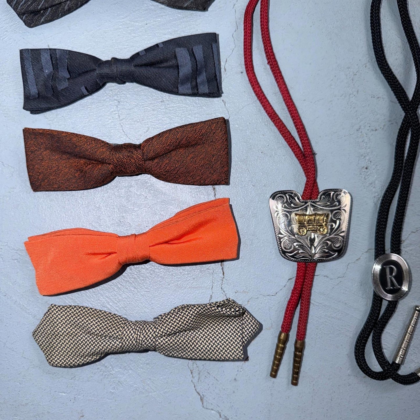 Lot of 7 Vintage 1950s Clip-on Bow Ties MCM Plus Cowboy Ties Silver Classy