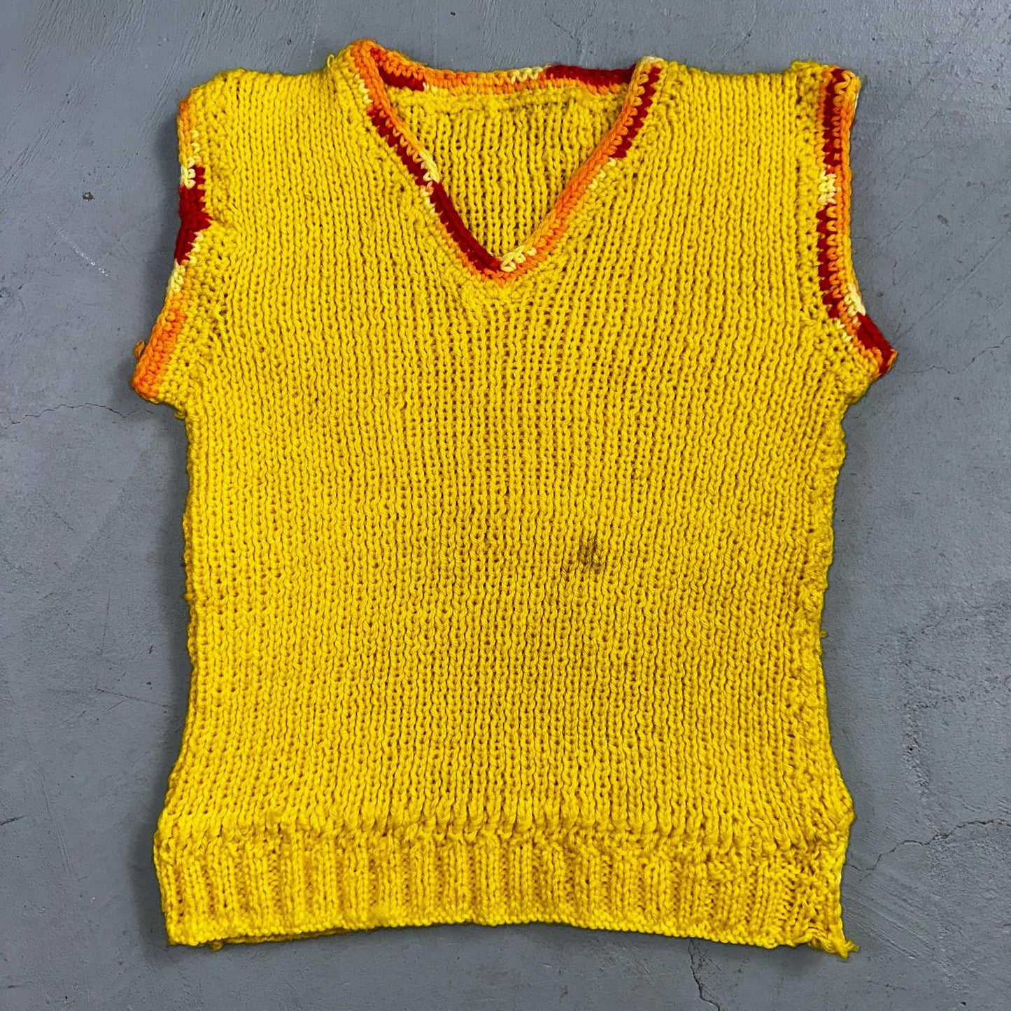 VTG Yellow Vest Knitted Sleeveless Sweater Pullover Handmade Knit 70s 1970s