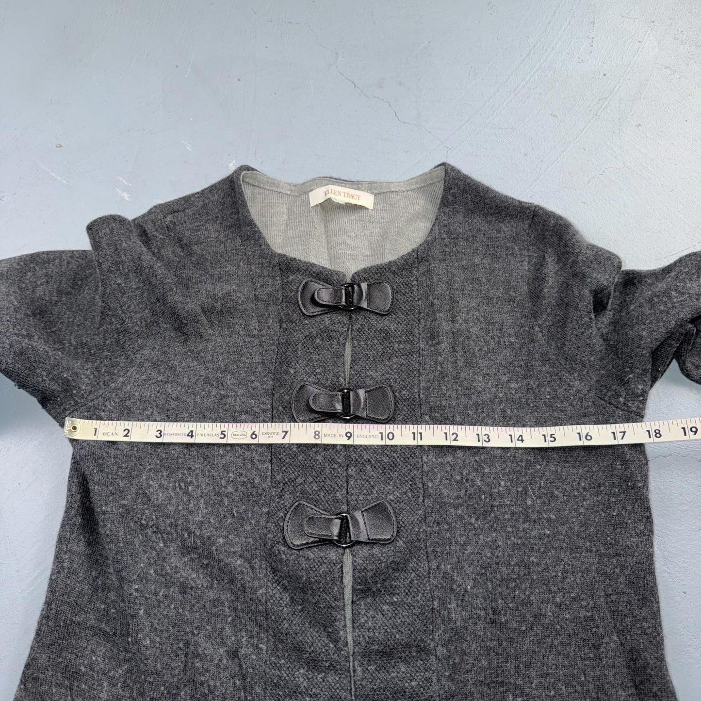 ELLEN TRACY Sweater M Wool Cardigan Duster Coat Buckle Latch Double Knit Gray