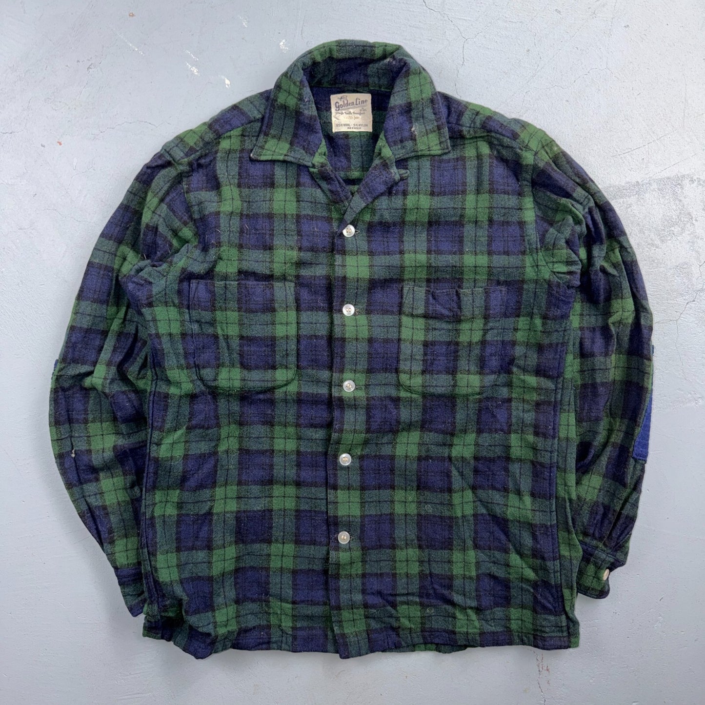 VTG 60s Golden Line Blackwatch Plaid Wool Shirt Loop Collar Rockabilly Japan