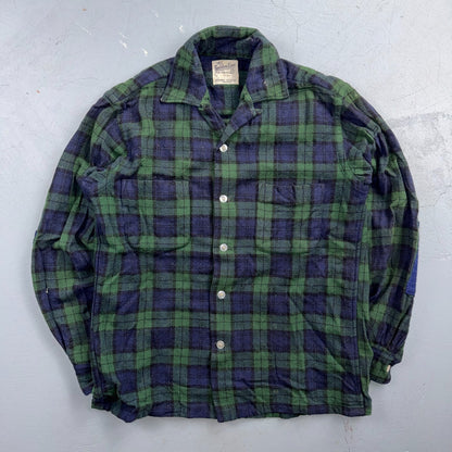 VTG 60s Golden Line Blackwatch Plaid Wool Shirt Loop Collar Rockabilly Japan