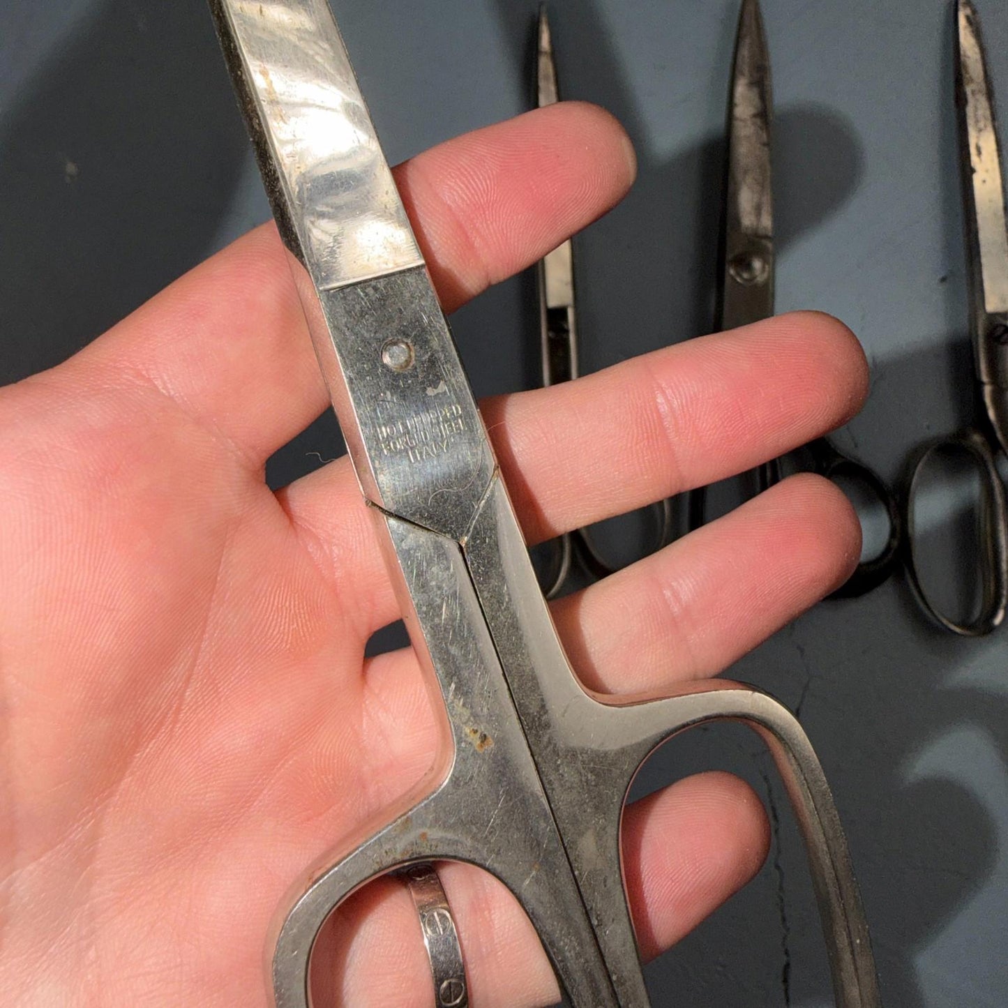 4 Pairs of Used Vintage Scissors Silver Handle Henkel Italy Steel Rare 60s