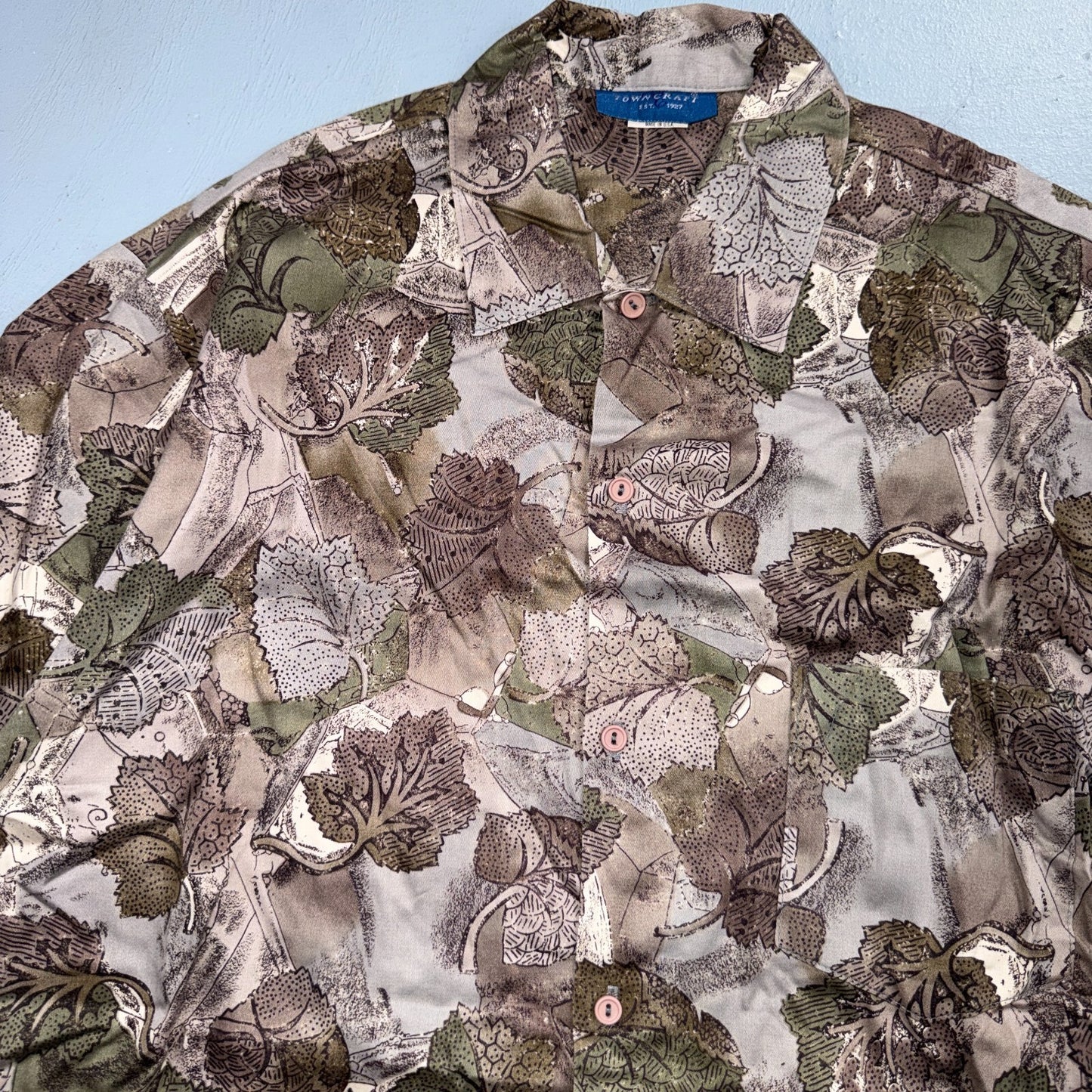 VTG 90s Towncraft Leaf Print Camp Shirt Brown Green Abstract Men's M Button Up