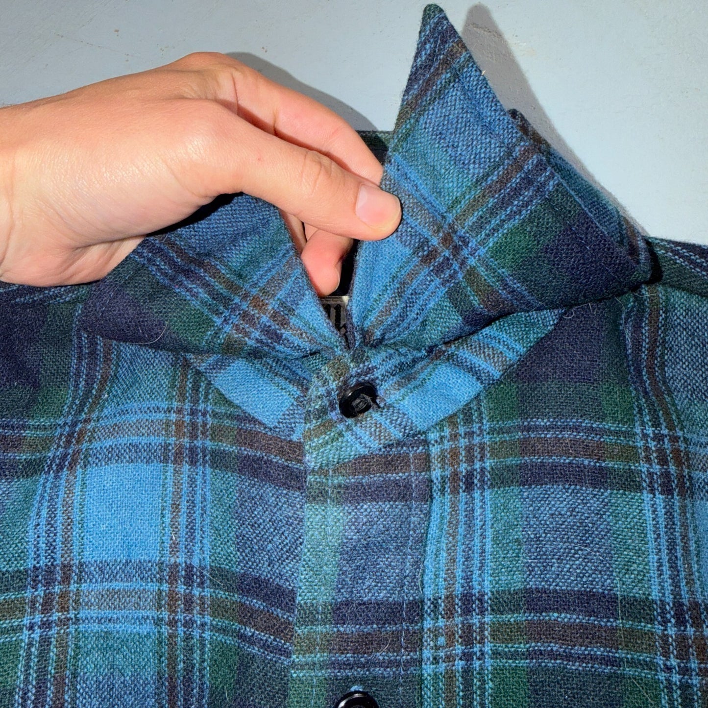 VTG 70s Selkirk Wool CPO Shirt Jacket Blue Green Plaid Rockabilly 1970s