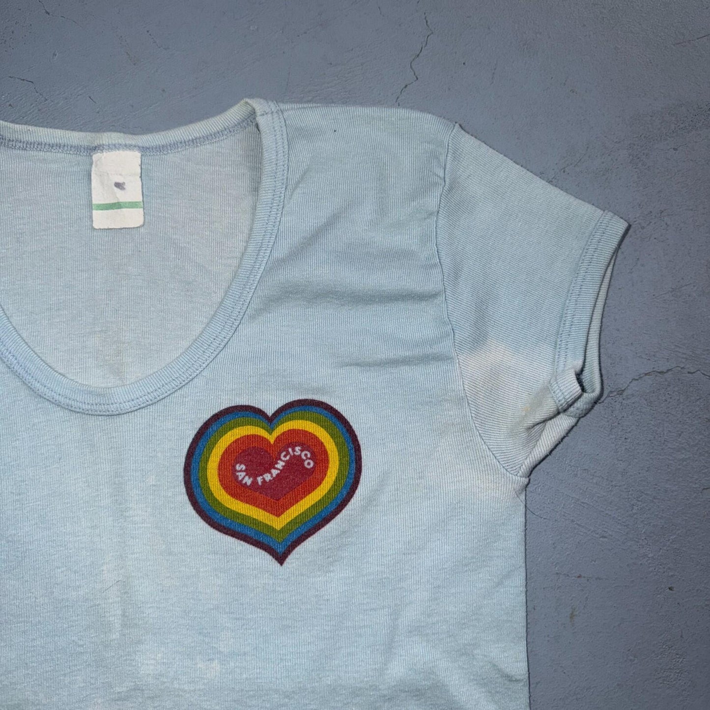 Vintage 70s San Francisco Heart Graphic LGBTQ T Shirt Blue Hippie Love All