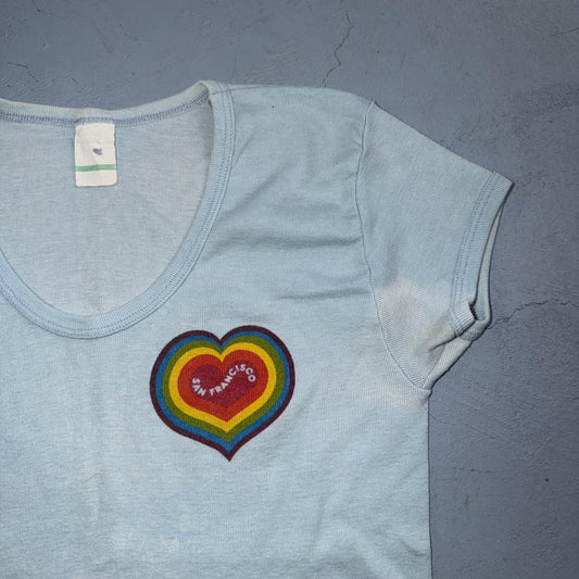 Vintage 70s San Francisco Heart Graphic LGBTQ T Shirt Blue Hippie Love All