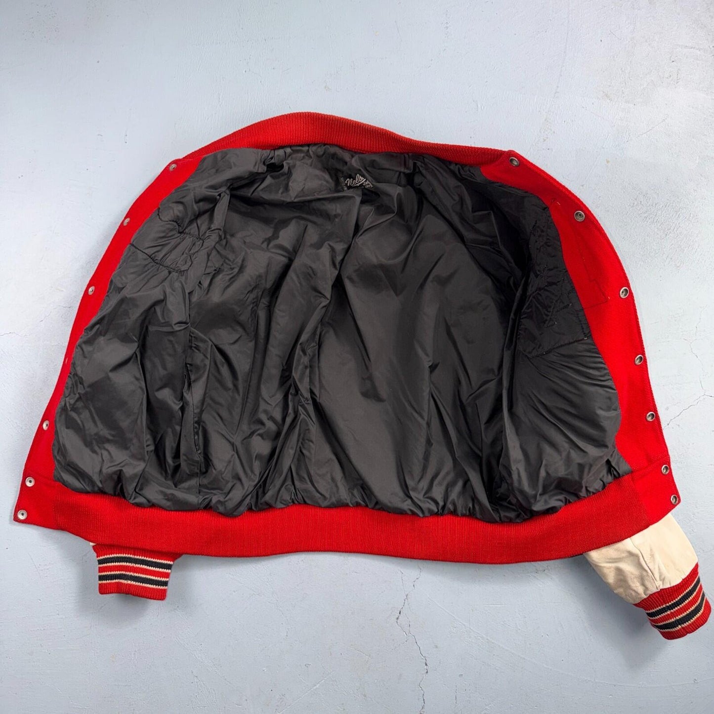 VTG 70s Nelson Varsity Jacket Letterman USA Made Leather Collegiate 44 Red Phil