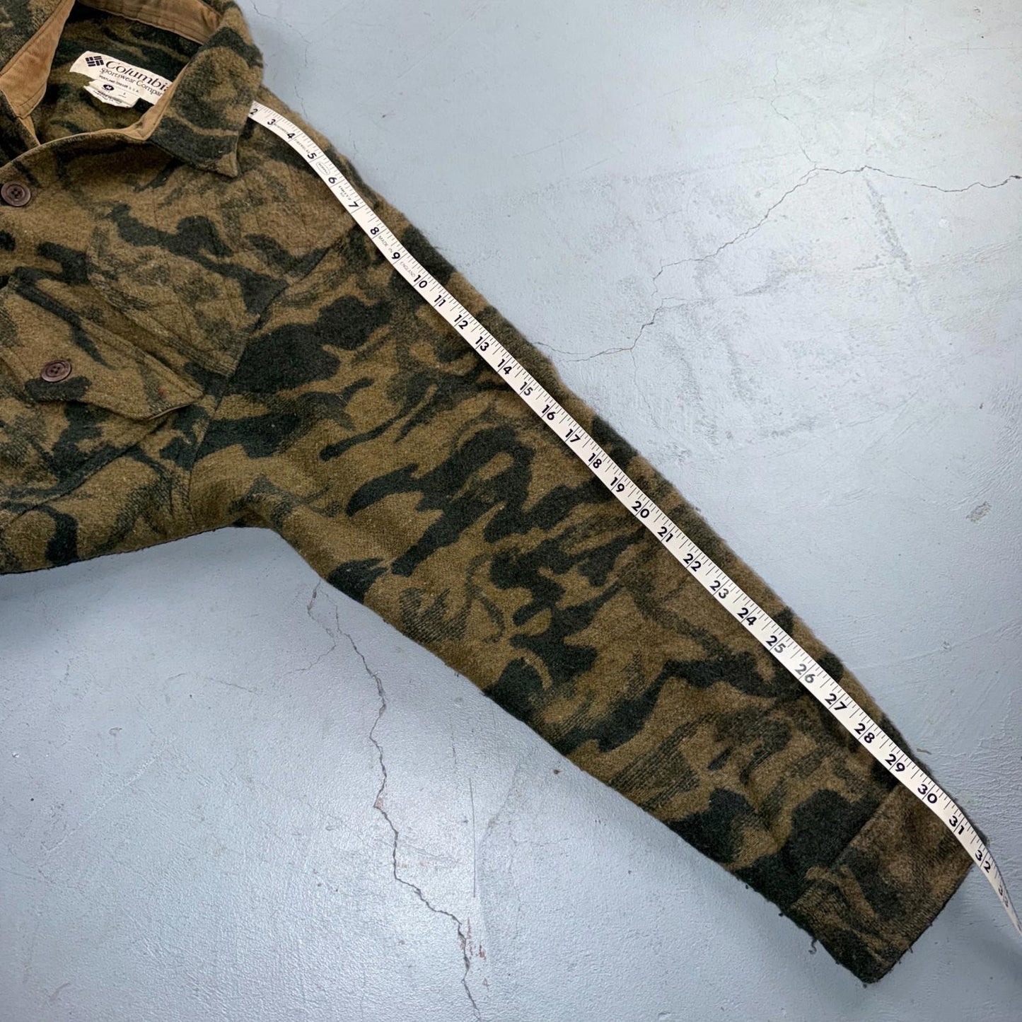 Columbia Gallatin Range Wool Blend Jacket Outfitter Brown Camo M Missing Buttons