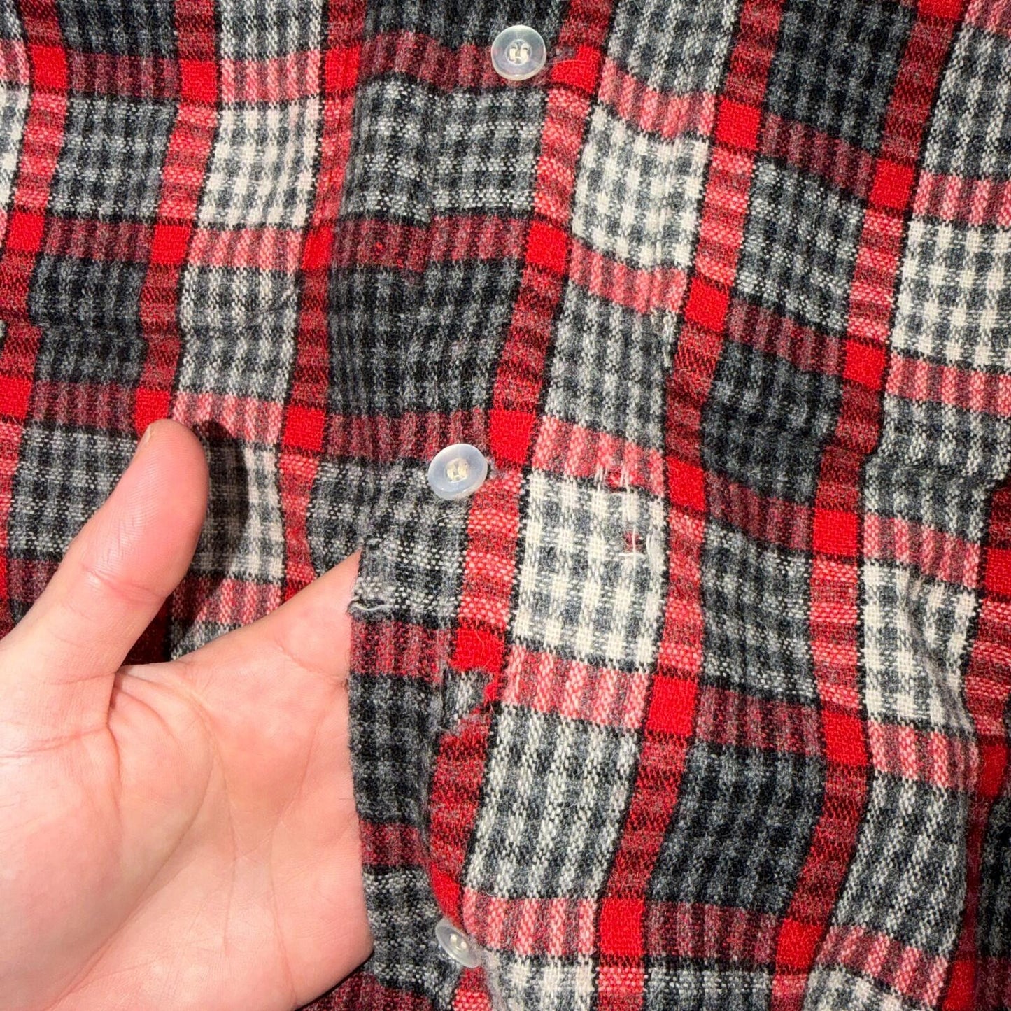 VTG XL 50s Penneys Shirt Red Plaid Wool Button Loop Collar Rockabilly 1950s Gray