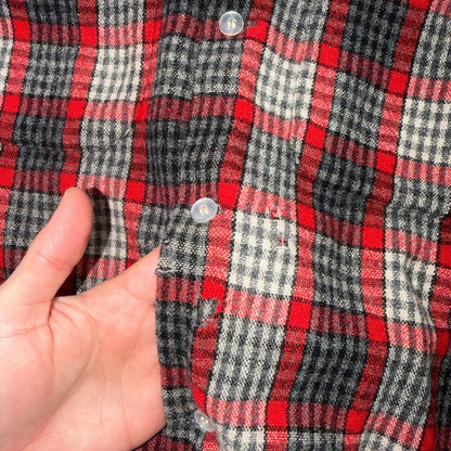 VTG XL 50s Penneys Shirt Red Plaid Wool Button Loop Collar Rockabilly 1950s Gray