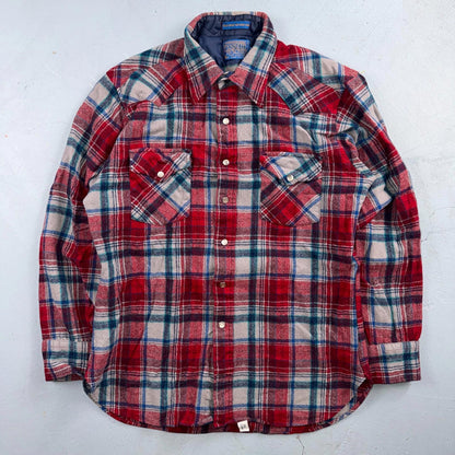 Pendleton VTG 100% Virgin Wool Western Plaid Shirt Pearl Snap Red High Grade