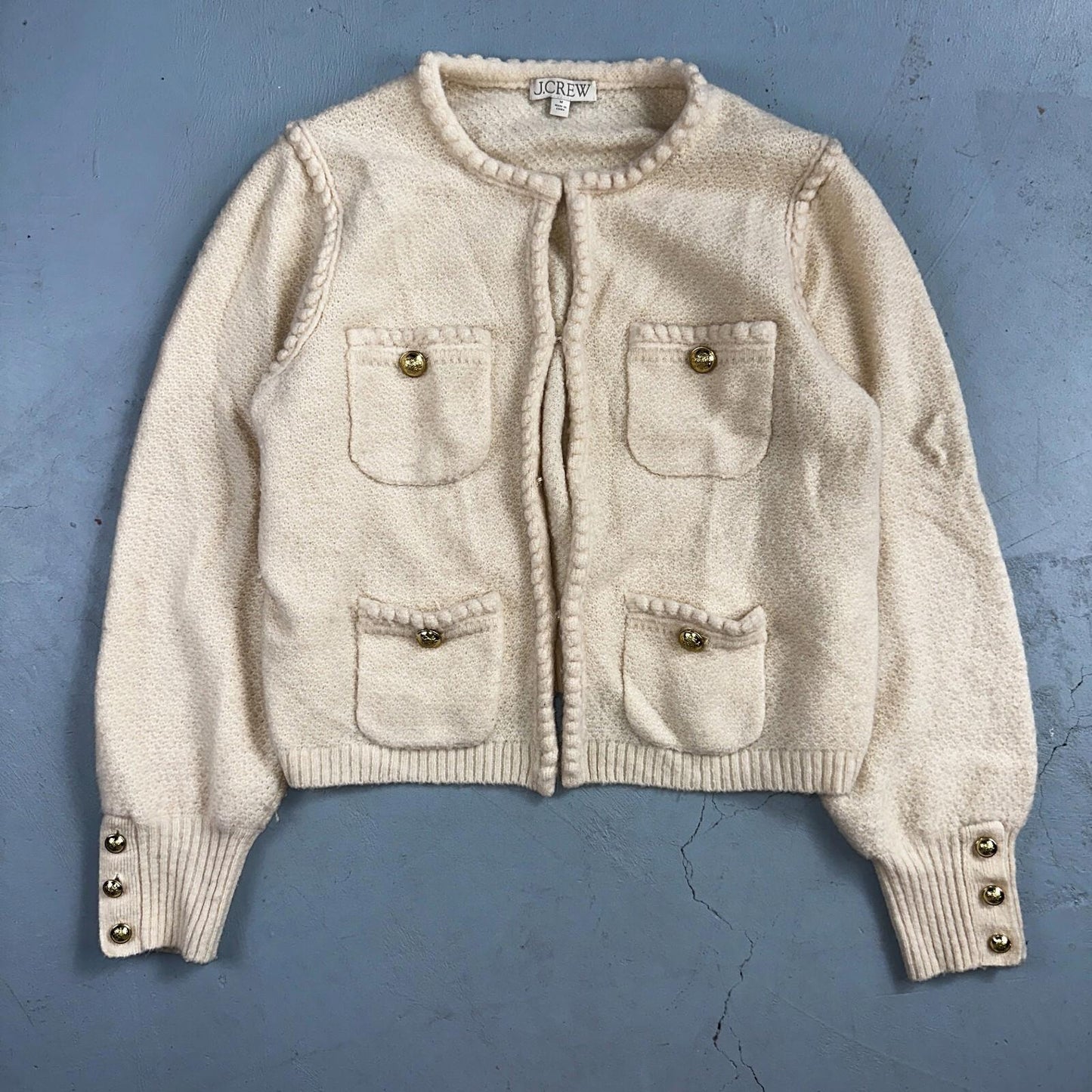 J. Crew Odette Lady Sweater Ivory Boucle Knit Gold Button Cardigan Jacket M