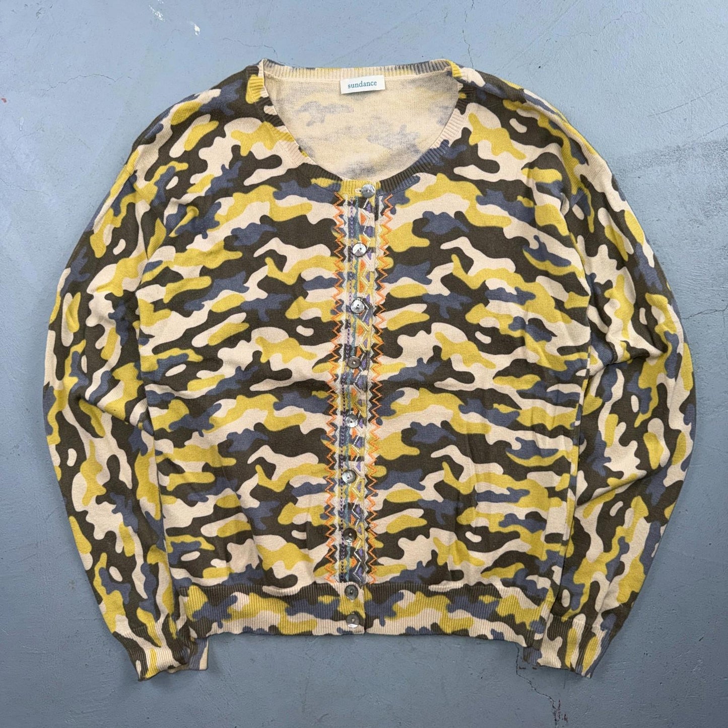 Sundance Tangier Camo Size Medium Yellow Button Down Cardigan Sweater Cute Y2K