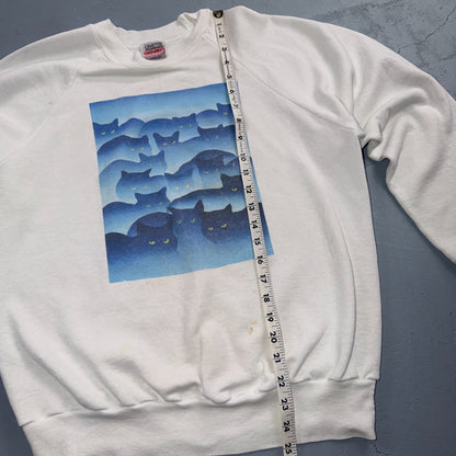 VTG Oneita 90s Blue Black Cats Art Sweatshirt White Graphic Crewneck Pullover