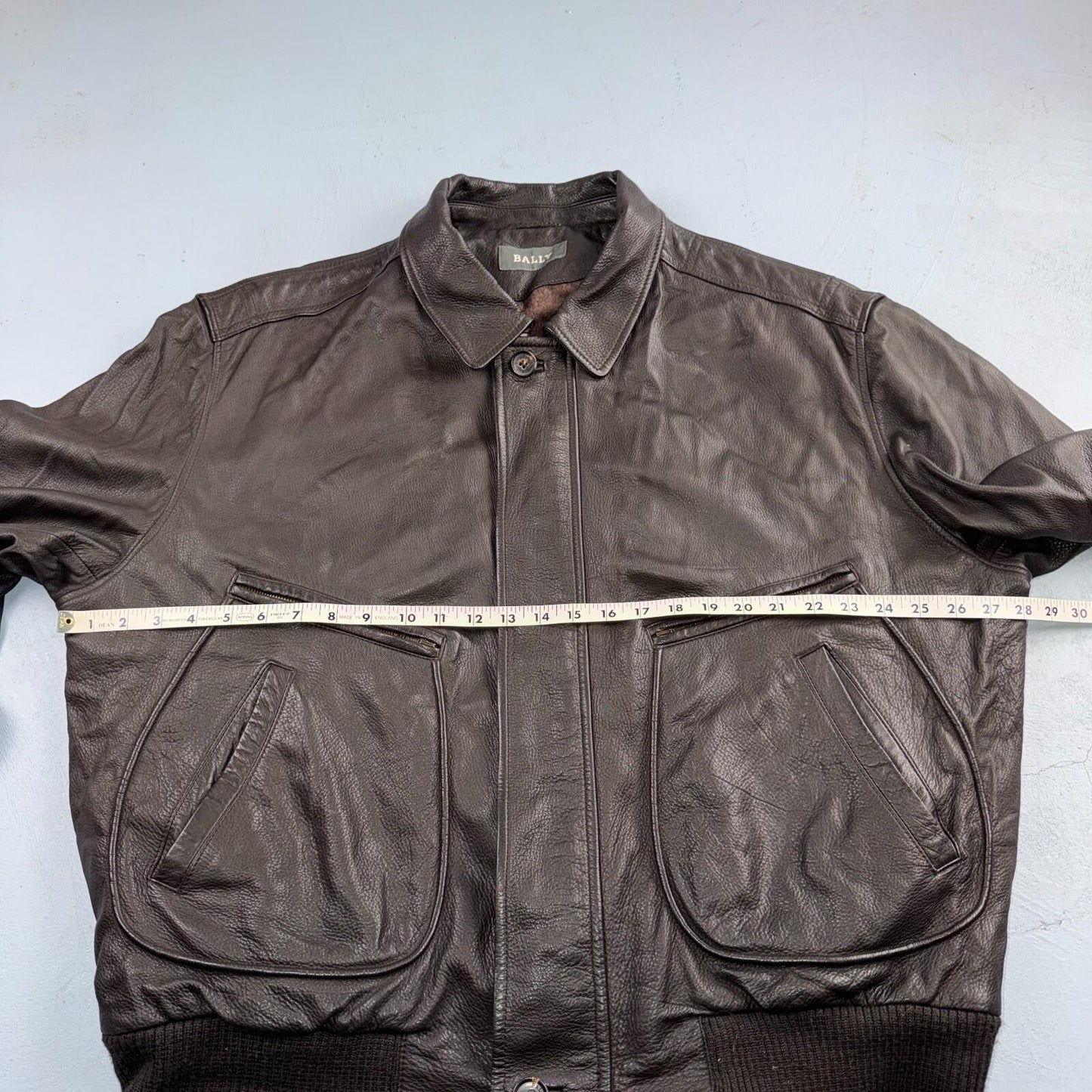 Bally Brown Leather Jacket Mens Size 44 Bomber Coat Made in Italy Soft Wool